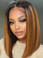 Caramel Highlights On Blonde 7x5 Pre Cut Lace Straight Blunt Bob Hair Wig With Dark Roots Glueless Human Hair Beginner Friendly