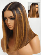 Caramel Highlights On Blonde 7x5 Pre Cut Lace Straight Blunt Bob Hair Wig With Dark Roots Glueless Human Hair Beginner Friendly