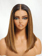 Caramel Highlights On Blonde 7x5 Pre Cut Lace Straight Blunt Bob Hair Wig With Dark Roots Glueless Human Hair Beginner Friendly