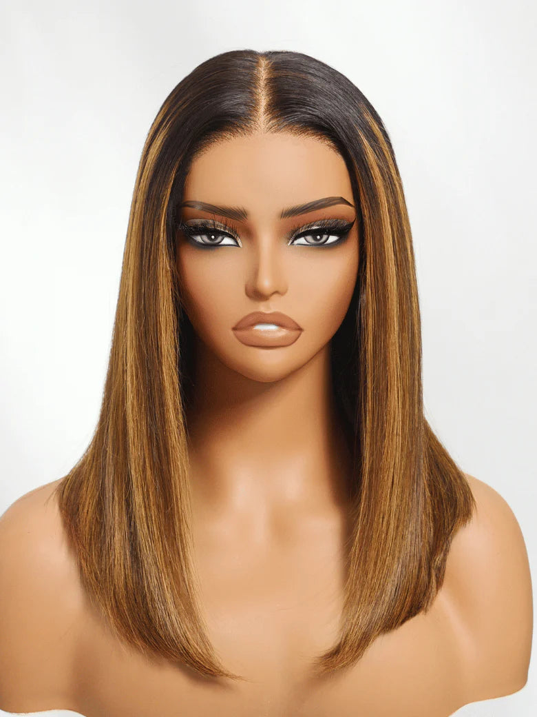 Caramel Highlights On Blonde 7x5 Pre Cut Lace Straight Blunt Bob Hair Wig With Dark Roots Glueless Human Hair Beginner Friendly