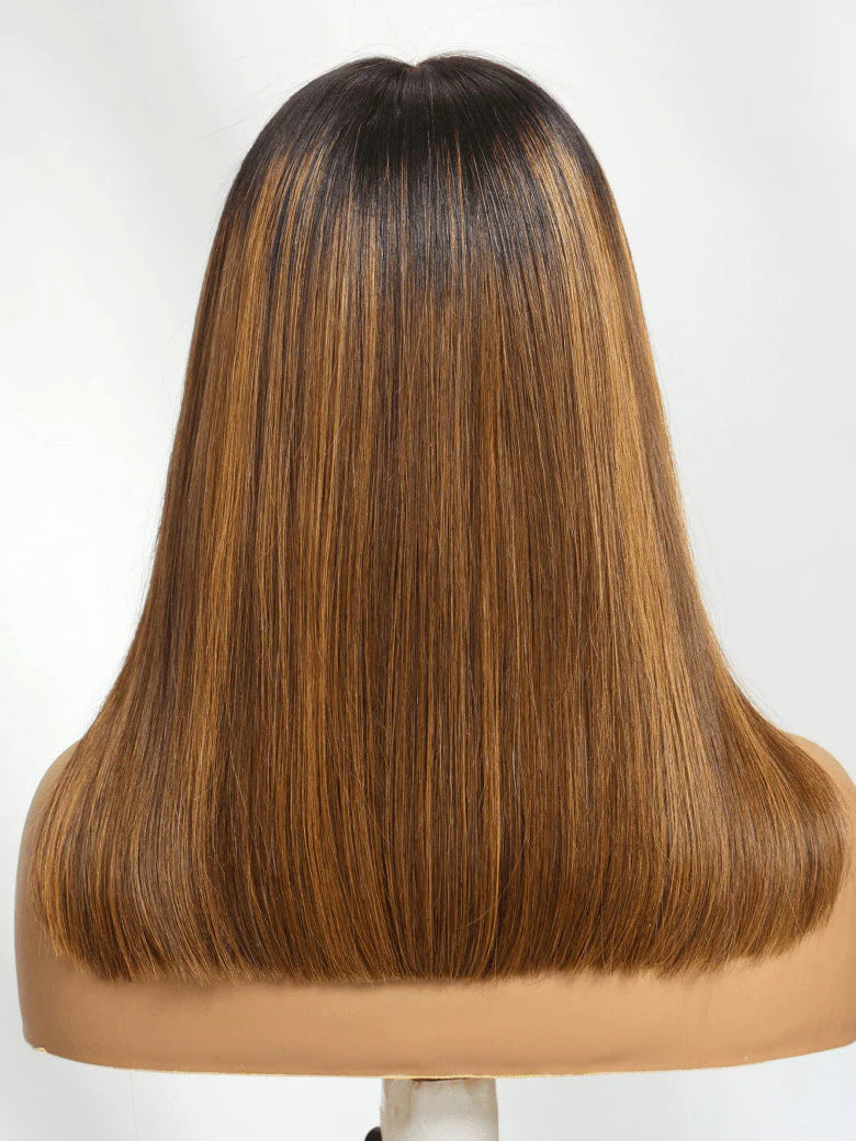 Caramel Highlights On Blonde 7x5 Pre Cut Lace Straight Blunt Bob Hair Wig With Dark Roots Glueless Human Hair Beginner Friendly