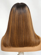 Caramel Highlights On Blonde 7x5 Pre Cut Lace Straight Blunt Bob Hair Wig With Dark Roots Glueless Human Hair Beginner Friendly