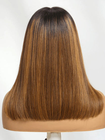 Caramel Highlights On Blonde 7x5 Pre Cut Lace Straight Blunt Bob Hair Wig With Dark Roots Glueless Human Hair Beginner Friendly
