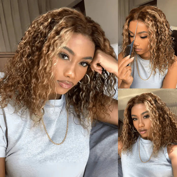 7x5 Pre Cut Honey Blonde Highlights Sun-kissed Hair Shoulder-length Glueless Curly Bob Wig Put On and Go 180% Density