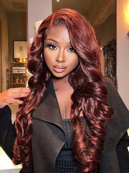 Body Wave Put On and Go Glueless Wigs 150% Density Reddish Brown 7x5 Pre-Cut Lace Wigs with Natural Hairline