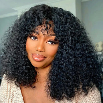 Short Curly Human Hair Minimalist Lace Wear Go Glueless Water Wave Bob Wig with Bangs Natural Black Beginner Friendly