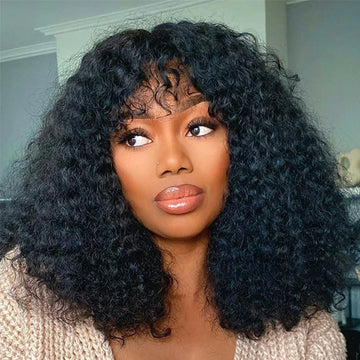 Short Curly Human Hair Minimalist Lace Wear Go Glueless Water Wave Bob Wig with Bangs Natural Black Beginner Friendly