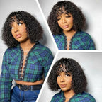 Short Curly Human Hair Minimalist Lace Wear Go Glueless Water Wave Bob Wig with Bangs Natural Black Beginner Friendly