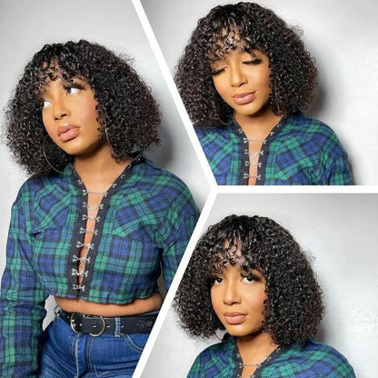 Short Curly Human Hair Minimalist Lace Wear Go Glueless Water Wave Bob Wig with Bangs Natural Black Beginner Friendly