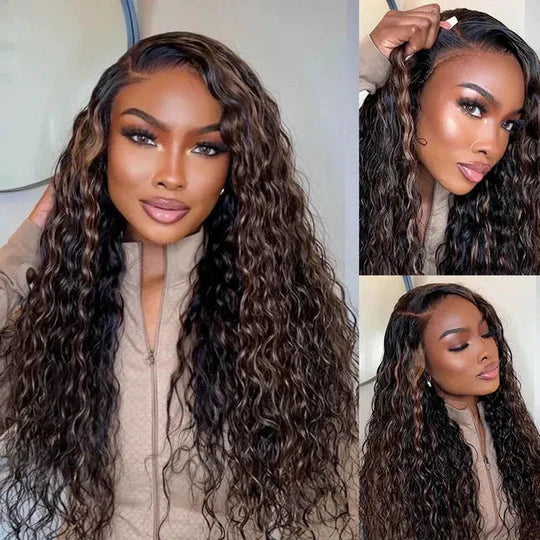 7x5 Pre Cut Glueless Golden Brown Highlights Water Wave Bye Bye Knots Lace Closure Wig 150% Density