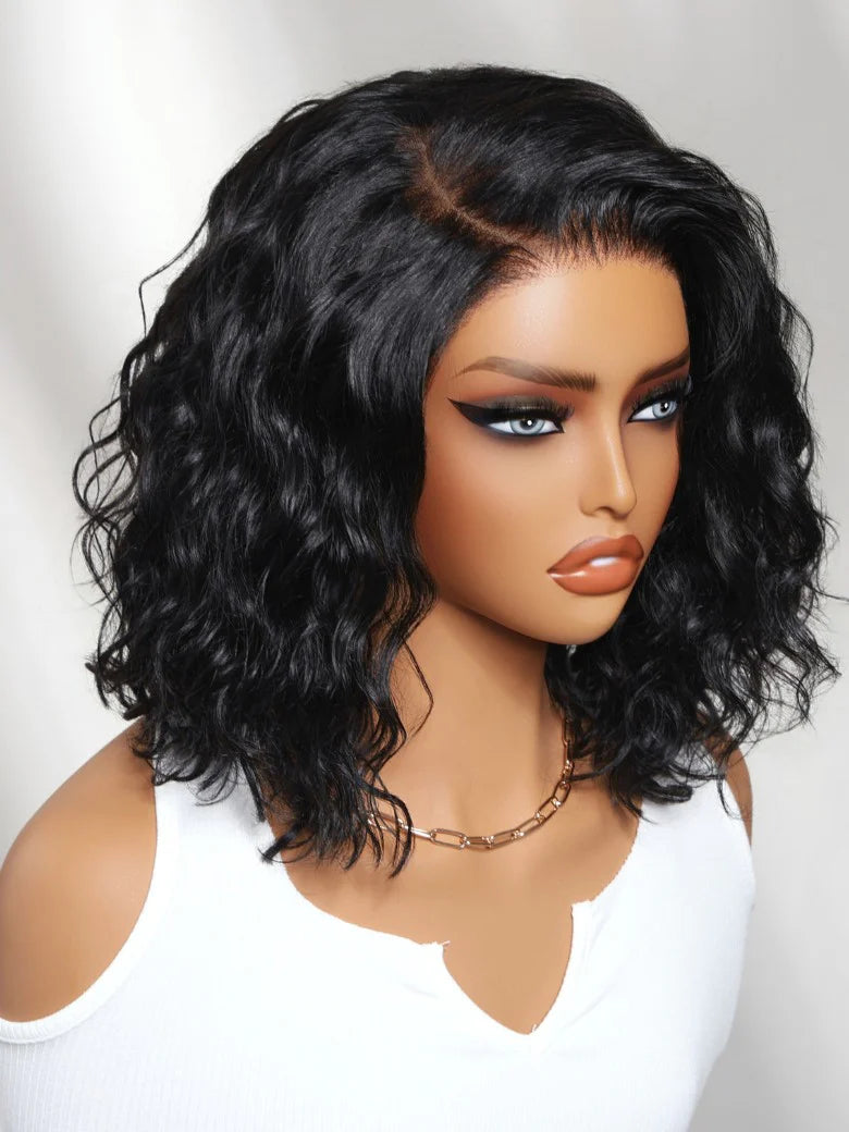 6X4 Glueless Lace "C" Side Part Water Wave Bob Wig 220% Density Drawstring Ready To Wear Short Curly Friendly For Beginners