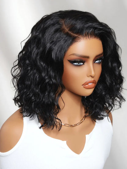 6X4 Glueless Lace "C" Side Part Water Wave Bob Wig 220% Density Drawstring Ready To Wear Short Curly Friendly For Beginners