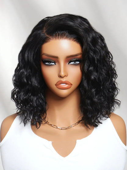 6X4 Glueless Lace "C" Side Part Water Wave Bob Wig 220% Density Drawstring Ready To Wear Short Curly Friendly For Beginners