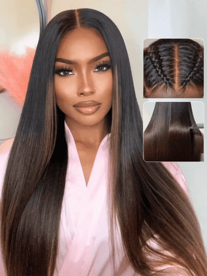 7x5 Bye-Bye Knots Ombre Chestnut Brown Put On and Go Yaki Bob Straight Lace Wig Glueless Human Hair Wigs with Invisi Drawstring