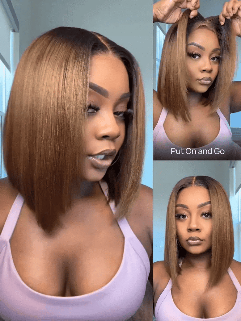 7x5 Bye-Bye Knots Ombre Chestnut Brown Put On and Go Yaki Bob Straight Lace Wig Glueless Human Hair Wigs with Invisi Drawstring