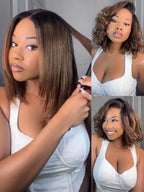 7x5 Bye-Bye Knots Ombre Chestnut Brown Put On and Go Yaki Bob Straight Lace Wig Glueless Human Hair Wigs with Invisi Drawstring