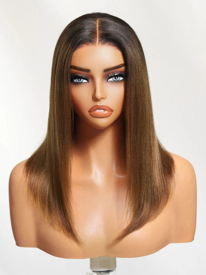 7x5 Bye-Bye Knots Ombre Chestnut Brown Put On and Go Yaki Bob Straight Lace Wig Glueless Human Hair Wigs with Invisi Drawstring