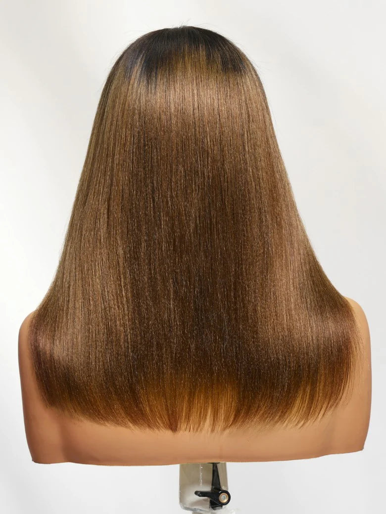 7x5 Bye-Bye Knots Ombre Chestnut Brown Put On and Go Yaki Bob Straight Lace Wig Glueless Human Hair Wigs with Invisi Drawstring