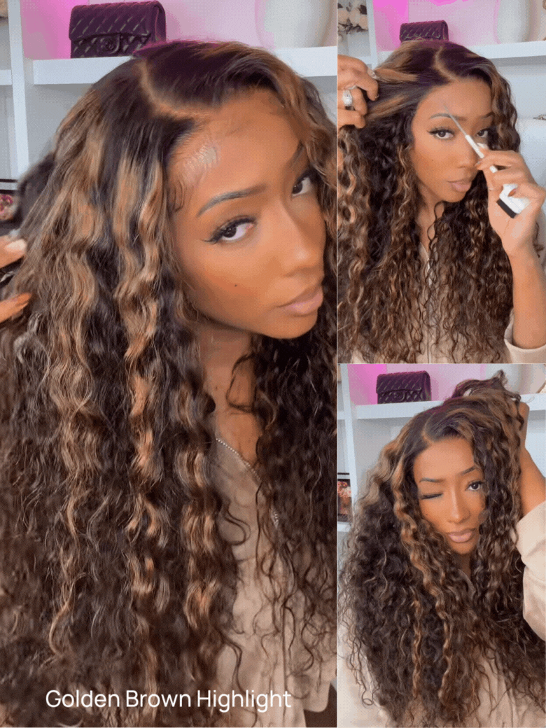 7x5 Pre Cut Glueless Golden Brown Highlights Water Wave Bye Bye Knots Lace Closure Wig 150% Density