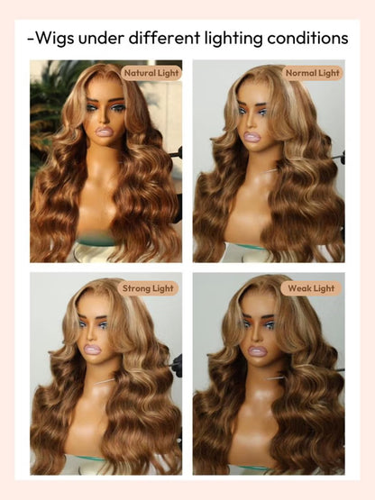 7x5 Bye-Bye Knots Glueless Wig Pre-Cut Lace Honey Blonde Body Wave With Bleached Clean Knots Ombre Highlight Color 150% Density