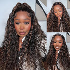 7x5 Pre Cut Glueless Golden Brown Highlights Water Wave Bye Bye Knots Lace Closure Wig 150% Density