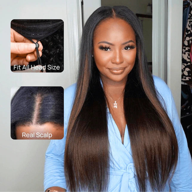 Pre Everything 7x5 Glueless Lace Chestnut Brown Ombre Yaki Straight Put On and Go Wig With Bleached Knots 150% Density