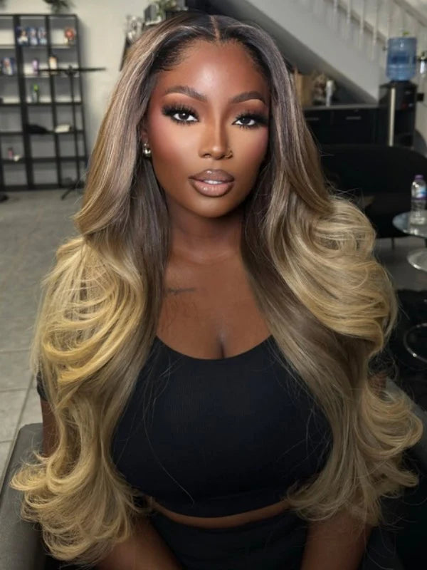Ready To Go Wigs Loose Body Transparent Lace Front Wig Ash Brown Ombre Blonde Colored Human Hair