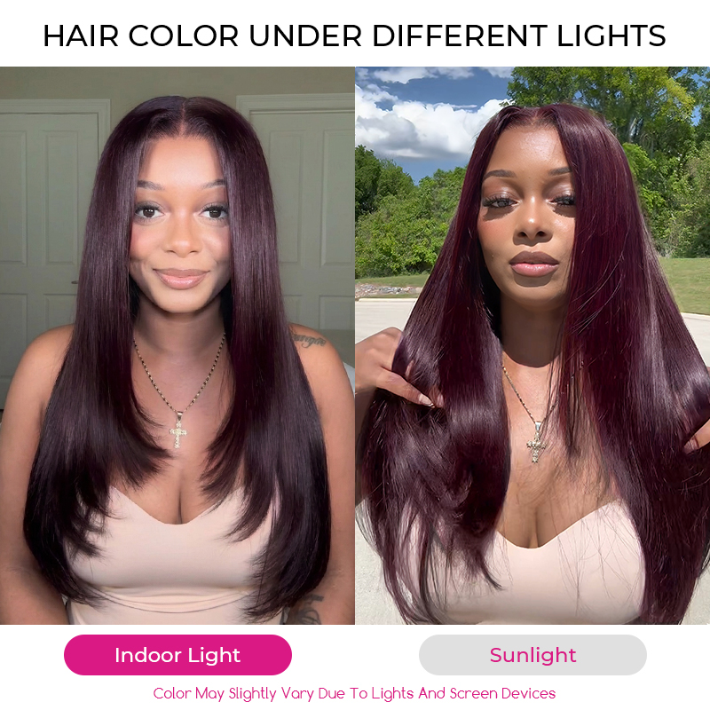 Layer Cut  Blackcurrant Brunette 7x5 Lace Wear Go Glueless Human Hair Layered Straight Wig Dark Burgundy