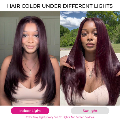 Layer Cut  Blackcurrant Brunette 7x5 Lace Wear Go Glueless Human Hair Layered Straight Wig Dark Burgundy