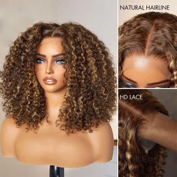 Honey Blonde Short Kinky Curly Wear Go Glueless Wigs Human Hair Highlight Bob Wig 180 Density Ombre Pre Cut Transparent Lace Wigs
