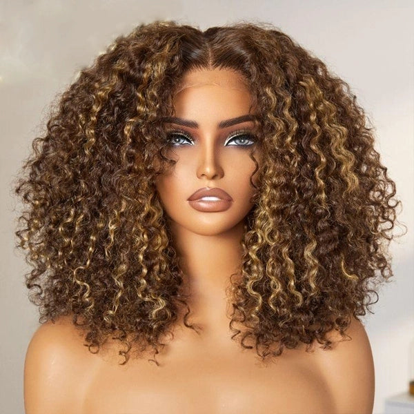 Honey Blonde Short Kinky Curly Wear Go Glueless Wigs Human Hair Highlight Bob Wig 180 Density Ombre Pre Cut Transparent Lace Wigs