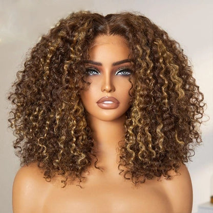Honey Blonde Short Kinky Curly Wear Go Glueless Wigs Human Hair Highlight Bob Wig 180 Density Ombre Pre Cut Transparent Lace Wigs