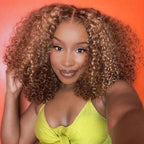 Honey Blonde Short Kinky Curly Wear Go Glueless Wigs Human Hair Highlight Bob Wig 180 Density Ombre Pre Cut Transparent Lace Wigs