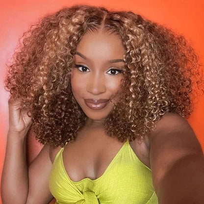 Honey Blonde Short Kinky Curly Wear Go Glueless Wigs Human Hair Highlight Bob Wig 180 Density Ombre Pre Cut Transparent Lace Wigs