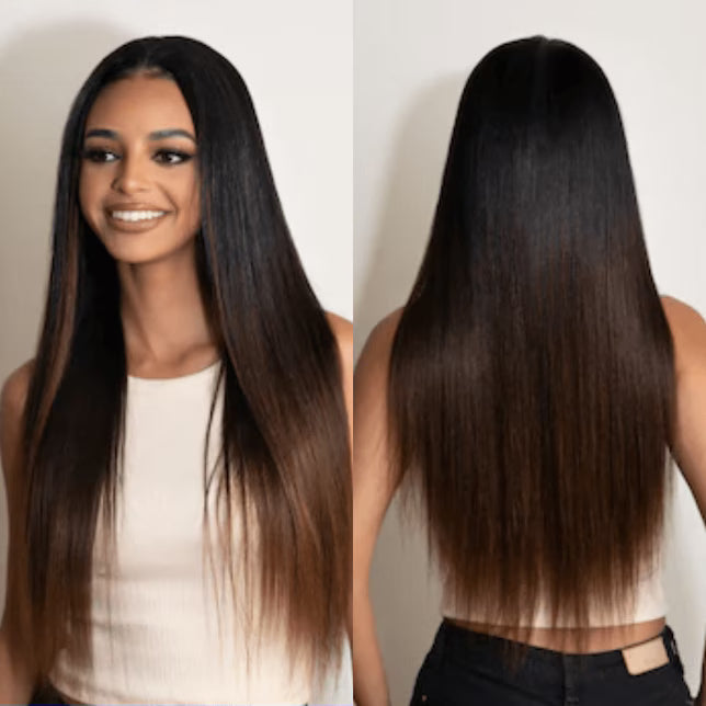 Pre Everything 7x5 Glueless Lace Chestnut Brown Ombre Yaki Straight Put On and Go Wig With Bleached Knots 150% Density