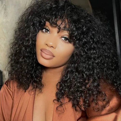Curly Wave Wig With Bangs Natural Color Human Hair Glueless Wigs Low-Maintenance Wear Go