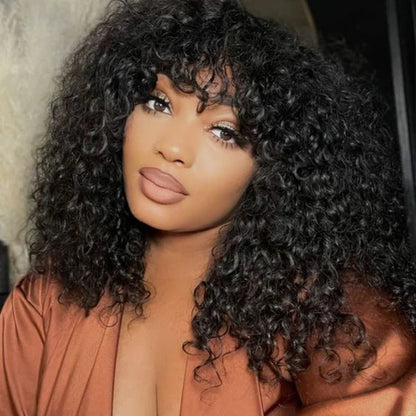 Curly Wave Wig With Bangs Natural Color Human Hair Glueless Wigs Low-Maintenance Wear Go