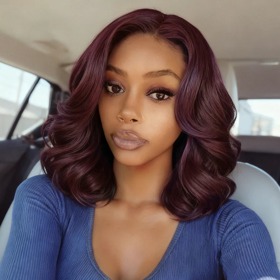 Black Cherry 7x5 Lace Front Drawstring Glueless Short Bob Body Wave Wig Pre-Everything Salon Free Human Hair Wigs