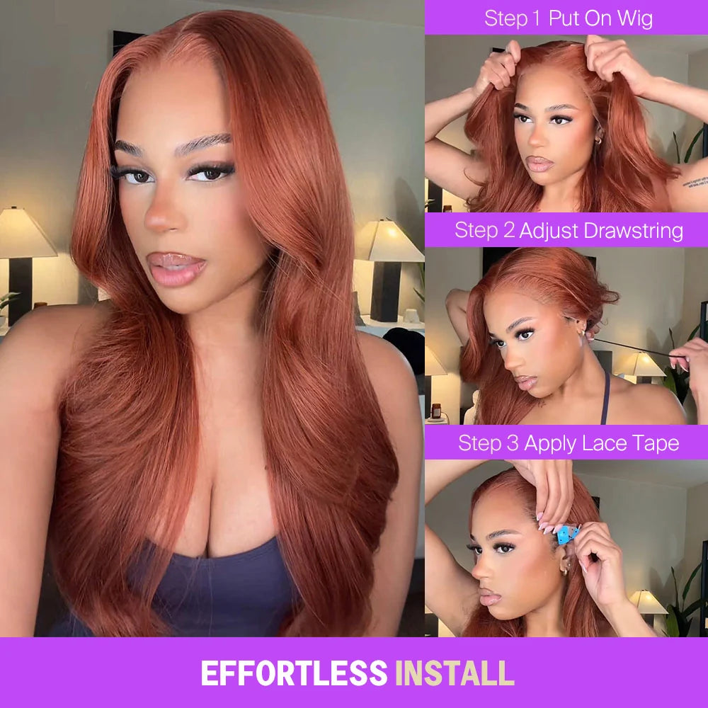 BOOHAIR Three-Go™ Dark Copper Ginger Glueless Wigs Body Wave With Drawstring 100% Human Hair Wig