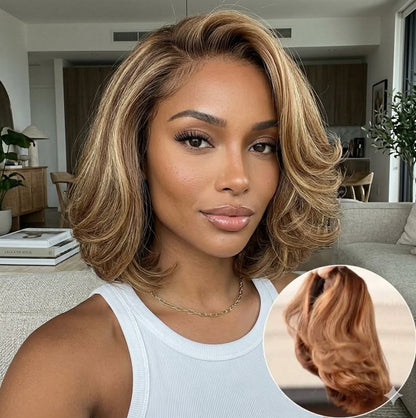 Blonde Highlight Short Layered Bob Wig Wear Go Glueless 13x4 Lace Front Pre-Cut Human Hair Wig