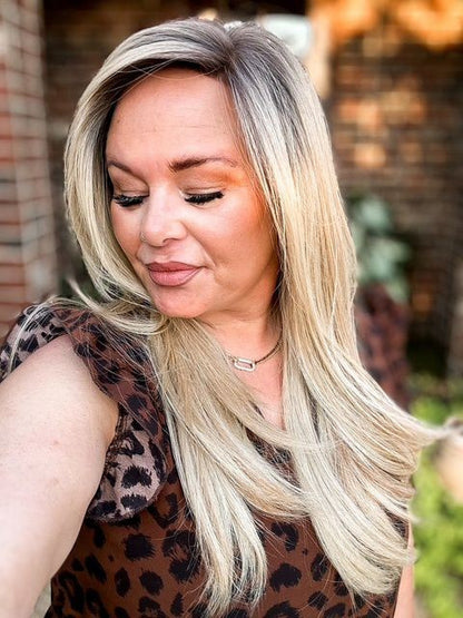 100% Human Hair Trendy blonde ombre with gold highlights Straight with side bangs Lace Part Wig