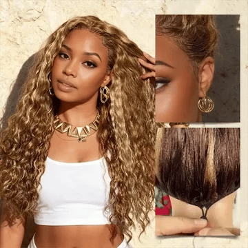 Honey Blonde Highlight Water Wave Pull & Go 13x6 Lace Frontal Tiny Knots Glueless Wig Deep Curly Human Hair