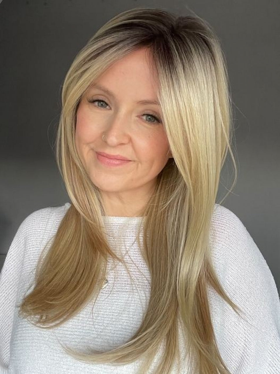 100% Human Hair Trendy blonde ombre with gold highlights Straight with side bangs Lace Part Wig