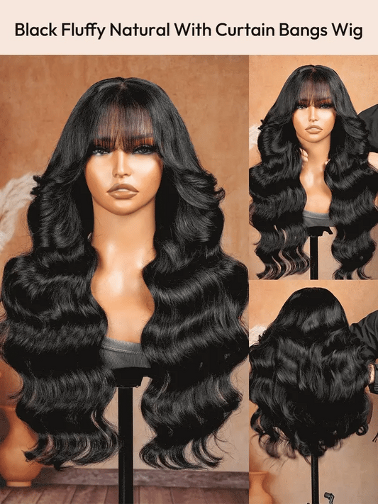 Pre-Everything 7x5/13x4 Lace Frontal Loose Wave Wigs with Bangs-Fluffy Hair 3D Dome Cap Put on and Go Glueless Human Hair