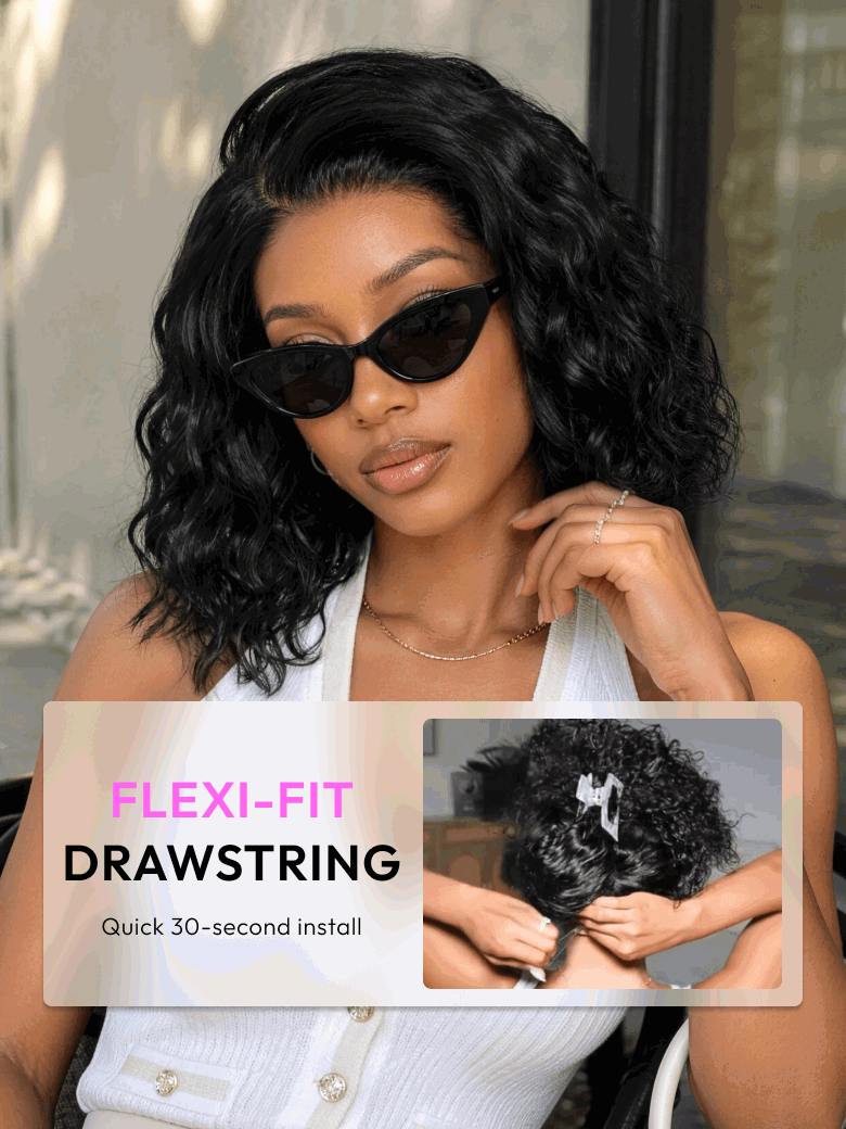 6X4 Glueless Lace "C" Side Part Water Wave Bob Wig 220% Density Drawstring Ready To Wear Short Curly Friendly For Beginners