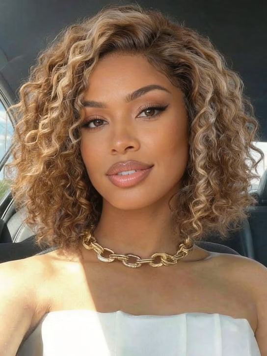 Honey Blonde Highlights Sun-kissed Hair 7x5 Pre Cut Shoulder-length Glueless Curly Bob Wig Put On and Go 180% Density