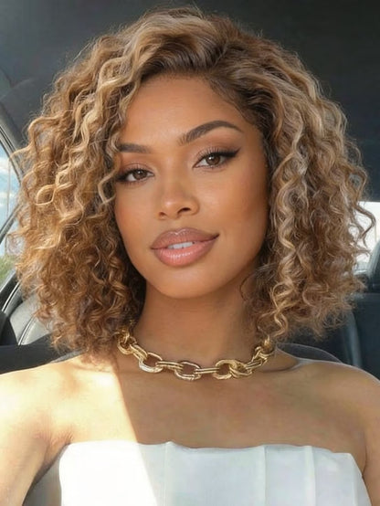 Honey Blonde Highlights Sun-kissed Hair 7x5 Pre Cut Shoulder-length Glueless Curly Bob Wig Put On and Go 180% Density