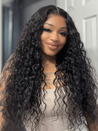 7x5 Glueless Wig Pre Cut 180% Density Wet And Wavy Water Wave Natural Black Invisible Knots Lace Frontal Wig Put On and Go