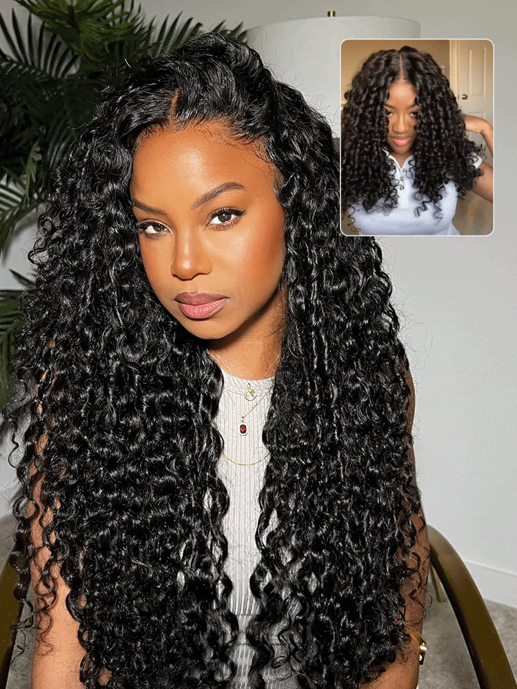 Glueless Curly Pre Plucked Pre Cut Deep Wave Wig for Women 200 Density Drawstring 13X6 Hd Lace Closure Middle Part Wear and Go Wigs Natural Black Color