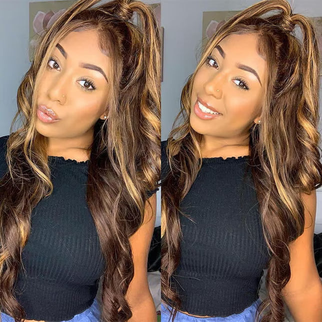 Blonde Highlighted Wig Body Wave Glueless Human Hair Wigs 13x4 HD Lace Front Wigs 180% Density with Pre Plucked